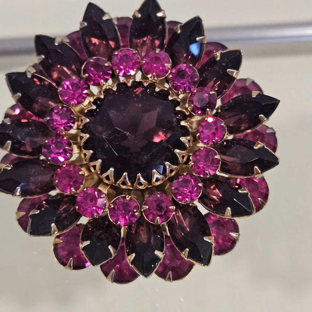 Vintage Judy Lee Purple Pink Stones Layered Flower Gold Tone Brooch Pin
